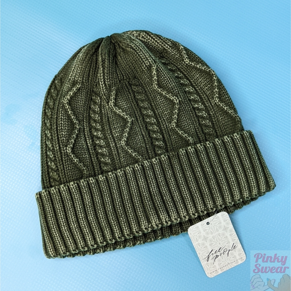 Free People Acid Wash Olive Green Cable Knit Beanie